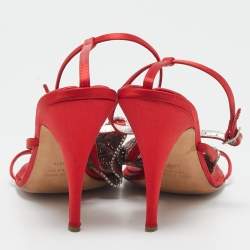 Giuseppe Zanotti Red Satin Crystal Embellished Ankle Strap Sandals Size 38.5