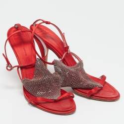 Giuseppe Zanotti Red Satin Crystal Embellished Ankle Strap Sandals Size 38.5