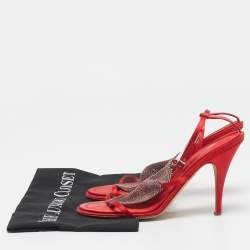 Giuseppe Zanotti Red Satin Crystal Embellished Ankle Strap Sandals Size 38.5