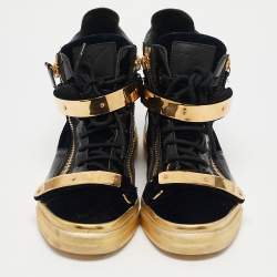 Giuseppe Zanotti Black/Gold Velvet And Patent Leather Coby High Top Sneakers Size 39