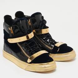 Giuseppe Zanotti Black/Gold Velvet And Patent Leather Coby High Top Sneakers Size 39