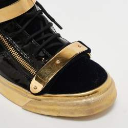 Giuseppe Zanotti Black/Gold Velvet And Patent Leather Coby High Top Sneakers Size 39
