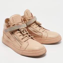 Giuseppe Zanotti Beige Leather Crystal Embellished Coby High Top Sneakers Size 40