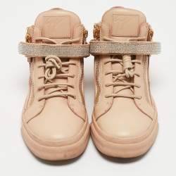 Giuseppe Zanotti Beige Leather Crystal Embellished Coby High Top Sneakers Size 40