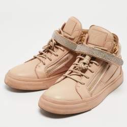 Giuseppe Zanotti Beige Leather Crystal Embellished Coby High Top Sneakers Size 40