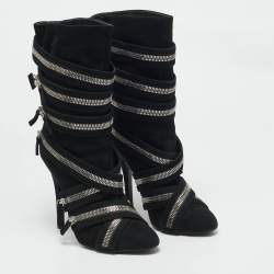 Pre Owned Giuseppe Zanotti x Balmain Black Suede Zip Embellished Midcalf Boots Size 39