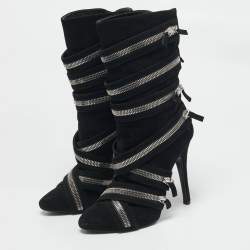 Pre Owned Giuseppe Zanotti x Balmain Black Suede Zip Embellished Midcalf Boots Size 39