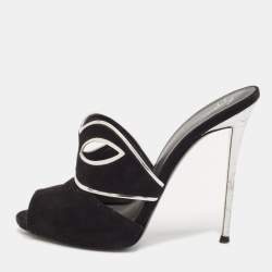 Giuseppe Zanotti Black/Silver Suede and Leather Peep Toe Mules Size 39