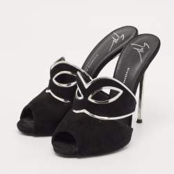Giuseppe Zanotti Black/Silver Suede and Leather Peep Toe Mules Size 39
