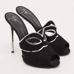 Giuseppe Zanotti Black/Silver Suede and Leather Peep Toe Mules Size 39
