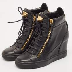 Giuseppe Zanotti Black Leather Double Zip Wedge Sneakers Size 37
