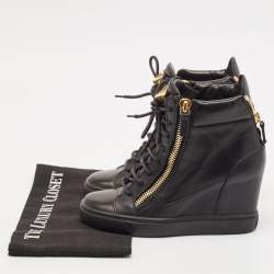 Giuseppe Zanotti Black Leather Double Zip Wedge Sneakers Size 37