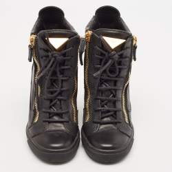 Giuseppe Zanotti Black Leather Double Zip Wedge Sneakers Size 37