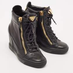 Giuseppe Zanotti Black Leather Double Zip Wedge Sneakers Size 37