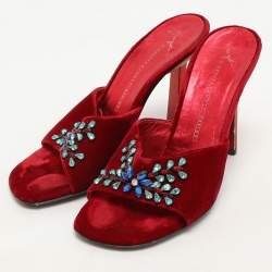 Giuseppe Zanotti Red Velvet Crystal Embellished Sandals Size 37