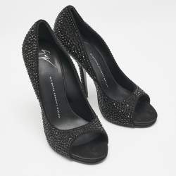 مملوكة مسبقًا Giuseppe Zanotti Black Satin Crystal Embellished Open Toe Pumps Size 39