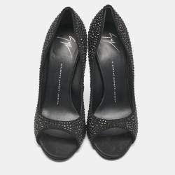 مملوكة مسبقًا Giuseppe Zanotti Black Satin Crystal Embellished Open Toe Pumps Size 39