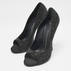 مملوكة مسبقًا Giuseppe Zanotti Black Satin Crystal Embellished Open Toe Pumps Size 39