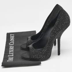 مملوكة مسبقًا Giuseppe Zanotti Black Satin Crystal Embellished Open Toe Pumps Size 39