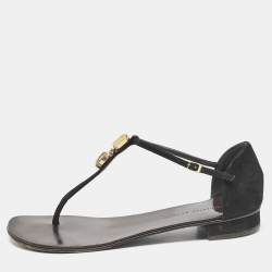 Giuseppe Zanotti Black Leather and Suede Crystal  Embellished Flat Sandals Size 37