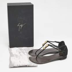 Giuseppe Zanotti Black Leather and Suede Crystal  Embellished Flat Sandals Size 37
