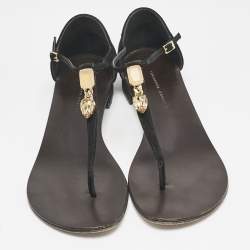 Giuseppe Zanotti Black Leather and Suede Crystal  Embellished Flat Sandals Size 37