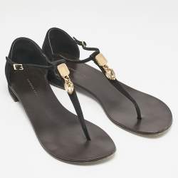 Giuseppe Zanotti Black Leather and Suede Crystal  Embellished Flat Sandals Size 37