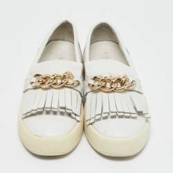 Giuseppe Zanotti White Fringed Leather Slip On Sneakers Size 38
