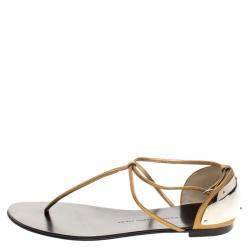 Pre Owned Giuseppe Zanotti Bronze Metallic Leather T-Strap Flat Sandals Size 40