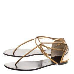 Pre Owned Giuseppe Zanotti Bronze Metallic Leather T-Strap Flat Sandals Size 40
