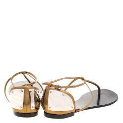 Pre Owned Giuseppe Zanotti Bronze Metallic Leather T-Strap Flat Sandals Size 40