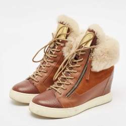 Giuseppe Zanotti Multicolor Fur and Leather Wedge Sneakers Size 38