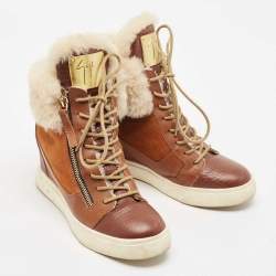 Giuseppe Zanotti Multicolor Fur and Leather Wedge Sneakers Size 38