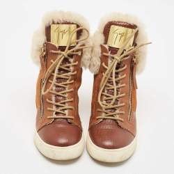 Giuseppe Zanotti Multicolor Fur and Leather Wedge Sneakers Size 38