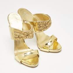 Giuseppe Zanotti Gold Leather Crystal Embellished Slide Sandals Size 39