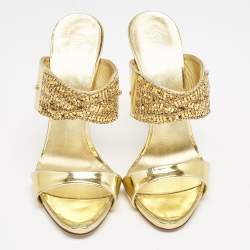 Giuseppe Zanotti Gold Leather Crystal Embellished Slide Sandals Size 39