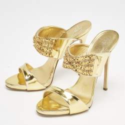 Giuseppe Zanotti Gold Leather Crystal Embellished Slide Sandals Size 39