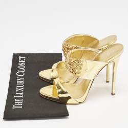 Giuseppe Zanotti Gold Leather Crystal Embellished Slide Sandals Size 39