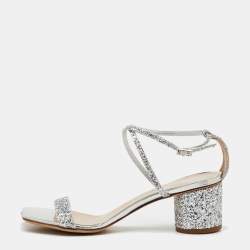 Pre Owned Giuseppe Zanotti Silver Glitter Tara Block Heel Ankle Strap Sandals Size 37.5
