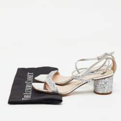 Pre Owned Giuseppe Zanotti Silver Glitter Tara Block Heel Ankle Strap Sandals Size 37.5
