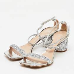 Pre Owned Giuseppe Zanotti Silver Glitter Tara Block Heel Ankle Strap Sandals Size 37.5