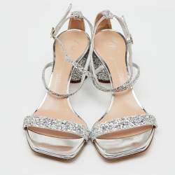 Pre Owned Giuseppe Zanotti Silver Glitter Tara Block Heel Ankle Strap Sandals Size 37.5