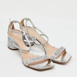 Pre Owned Giuseppe Zanotti Silver Glitter Tara Block Heel Ankle Strap Sandals Size 37.5