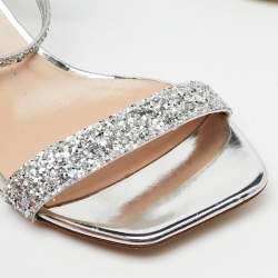 Pre Owned Giuseppe Zanotti Silver Glitter Tara Block Heel Ankle Strap Sandals Size 37.5