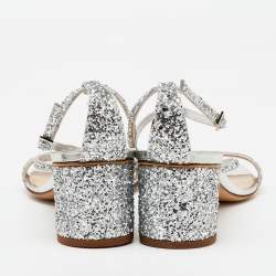 Pre Owned Giuseppe Zanotti Silver Glitter Tara Block Heel Ankle Strap Sandals Size 37.5