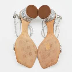 Pre Owned Giuseppe Zanotti Silver Glitter Tara Block Heel Ankle Strap Sandals Size 37.5