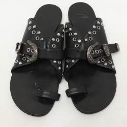 مملوكة مسبقًا حذاء مسطح بحلقة إصبع مزخرفة جلد أسود جوزيبي زانوتي مقاس 37