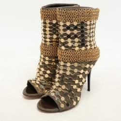 Giuseppe Zanotti Khaki Canvas Chain Embellished Mid Calf Boots Size 36