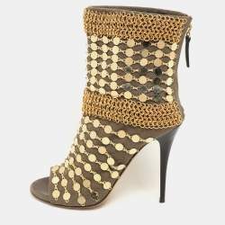 Giuseppe Zanotti Khaki Canvas Chain Embellished Mid Calf Boots Size 36