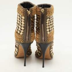 Giuseppe Zanotti Khaki Canvas Chain Embellished Mid Calf Boots Size 36